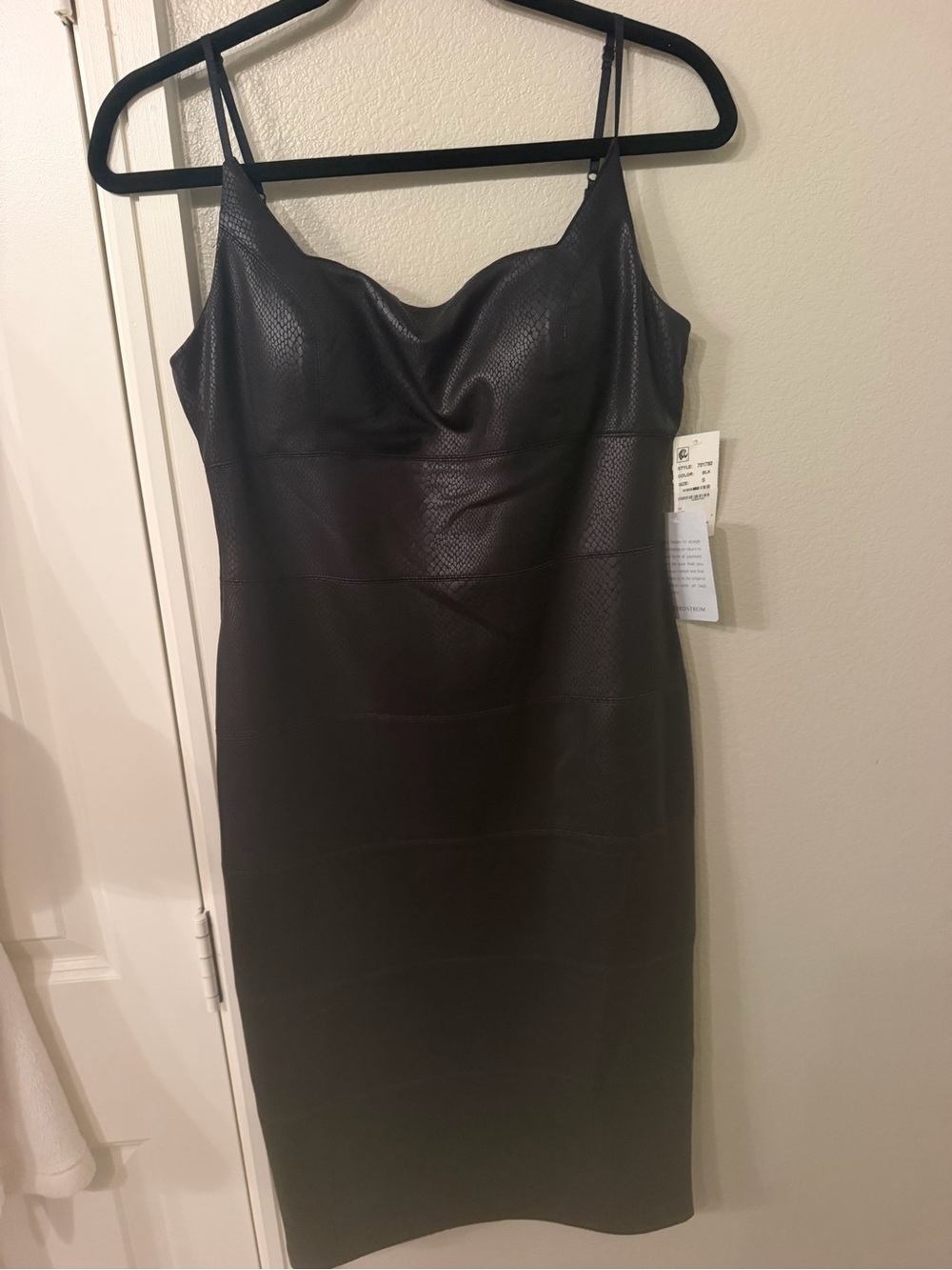 bebe Black Faux Leather Midi Slip Dress with Spaghetti Straps